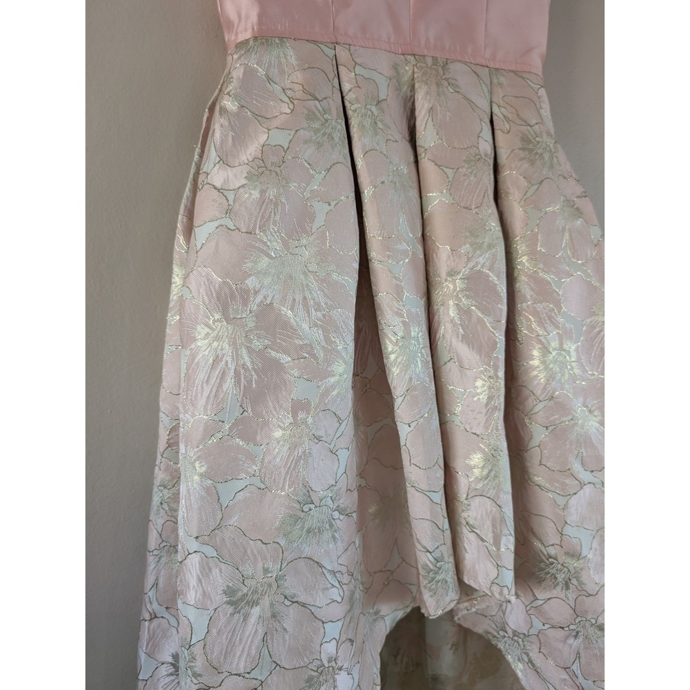 Blush Pink Gold Floral Jacquard High-Low Formal Gown Dress Womens M Wedding - Picture 12 of 16